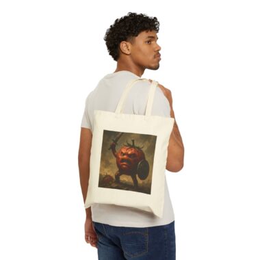 tomato warrior canvas tote bag, funny grocery bag, gift for foodies, eco friendly shopping bag, art tote, unique carryall